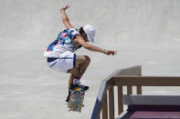 Jagger Eaton of the United States competes in the men's street skateboarding finals at the 2020 Summer Olympics, Sunday, July 25, 2021, in Tokyo, Japan. (AP Photo/Jae C. Hong)