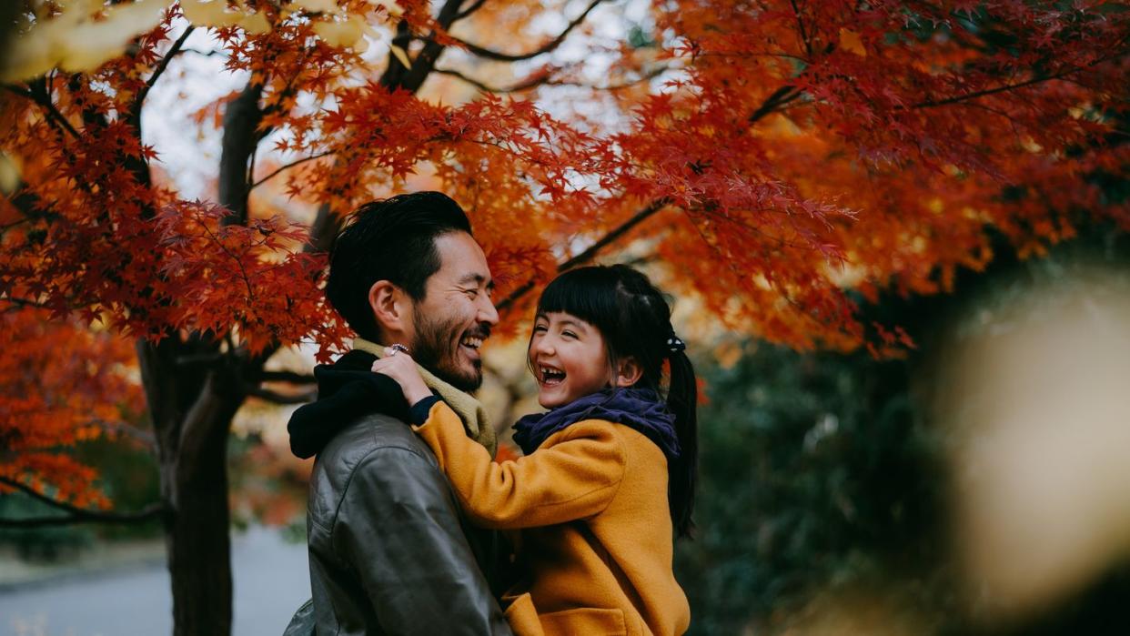 father holding cute little girl and laughing together under red japanese maple leaves, tokyo, japan