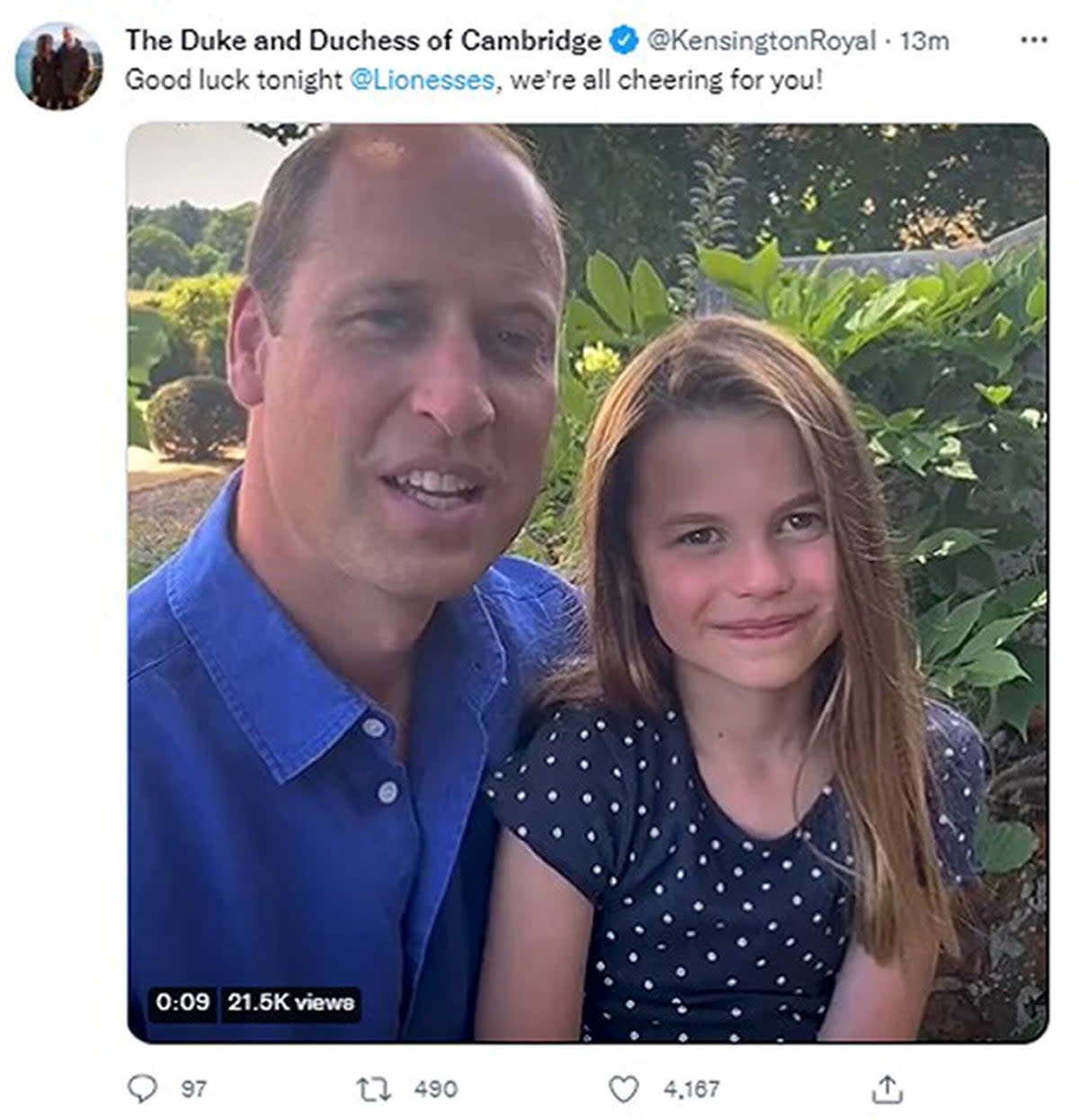 Screengrab of the tweet posted by the Duke and Duchess of Cambridge of William and Charlotte wishing England’s Lionesses the best of luck as they prepare to take on Germany at Wembley (Duke and Duchess of Cambridge/PA (PA Media)