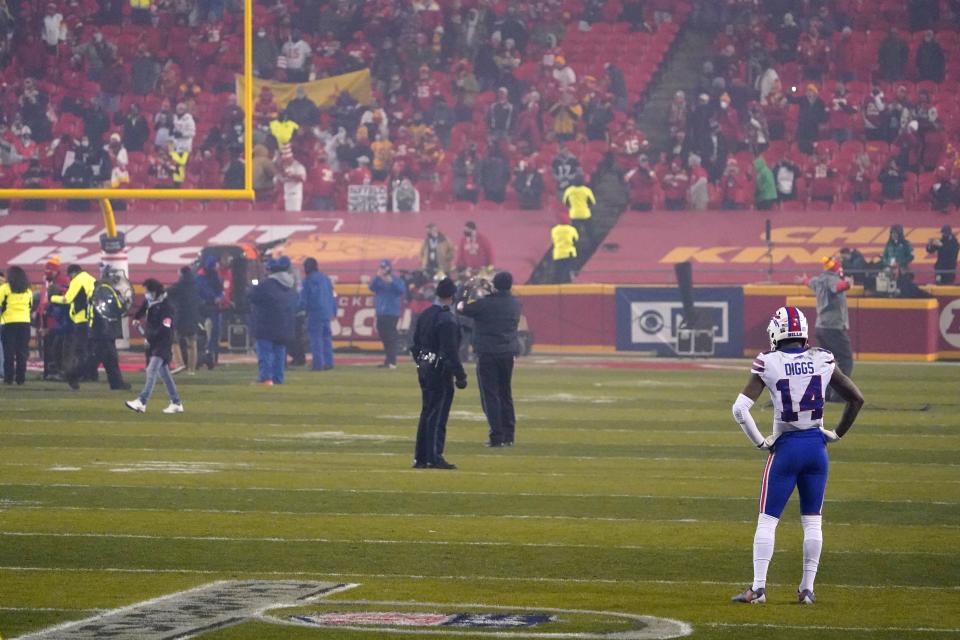 Buffalo wide receiver Stefon Diggs stands on the field in Kansas City after the Chiefs beat the Bills 38-24 in the AFC championshp game on Jan. 24, 2021.