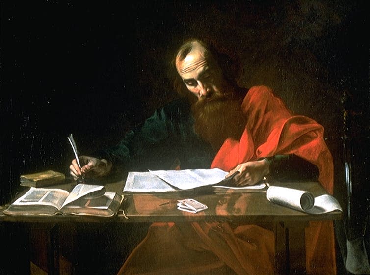 <span class="caption">St Paul writing his epistles.</span> <span class="attribution"><a class="link " href="https://commons.wikimedia.org/wiki/File:File%22-Saint_Paul_Writing_His_Epistles%22_by_Valentin_de_Boulogne.jpg" rel="nofollow noopener" target="_blank" data-ylk="slk:By Valentin de Boulogne, via Wikimedia Commons.;elm:context_link;itc:0;sec:content-canvas">By Valentin de Boulogne, via Wikimedia Commons.</a></span>