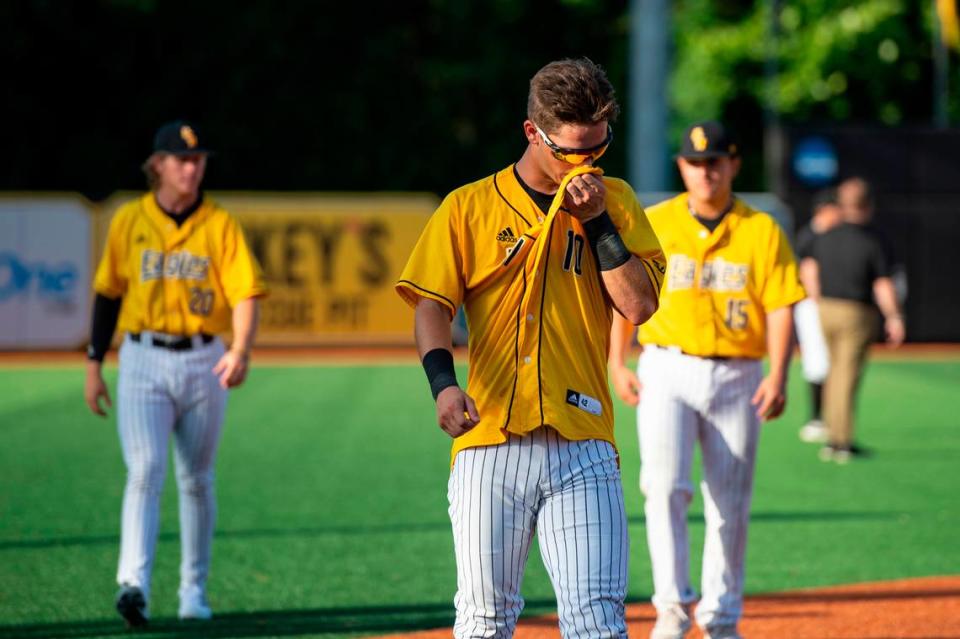 Dustin Dickerson reacts after losing their chance at going to the College World Series during the Super Regionals Final at Pete Taylor Park in Hattiesburg on Sunday, June 12, 2022.