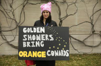 <p>Protesters display their signs in Washington, DC, during the Womens March on January 21, 2017. (JOSHUA LOTT/AFP/Getty Images) </p>