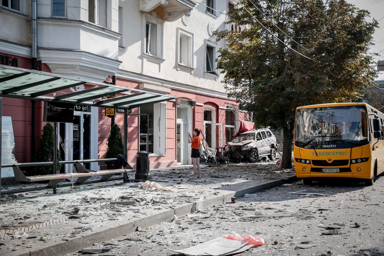 The scene of a missile hit at the Drama Theatre in central Chernihiv (EPA)