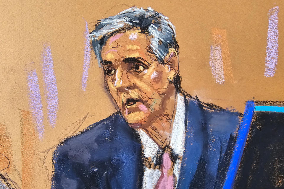 Michael Cohen, shown in this courtroom sketch, testifies during Trump's hush money trial in Manhattan this week. 