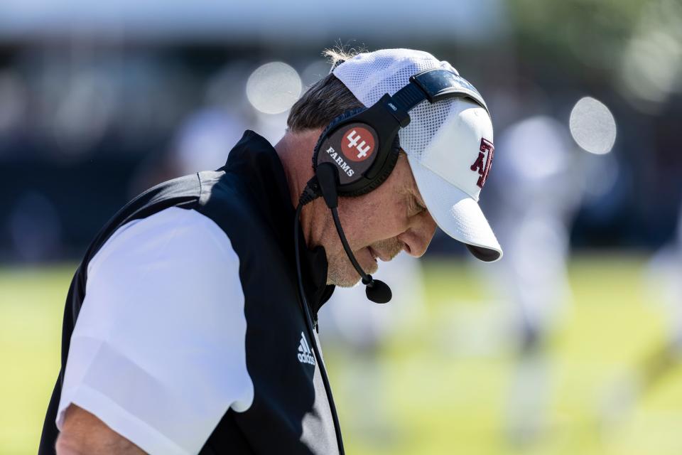 Texas A&M coach Jimbo Fisher looks down between plays during a game against Mississippi State on Oct. 1.