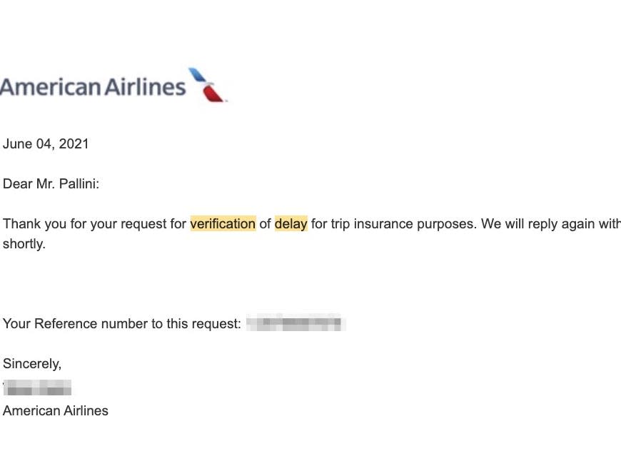 A screenshot of an email from American Airlines.