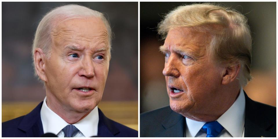 side-by-side close-ups of Biden and Trump