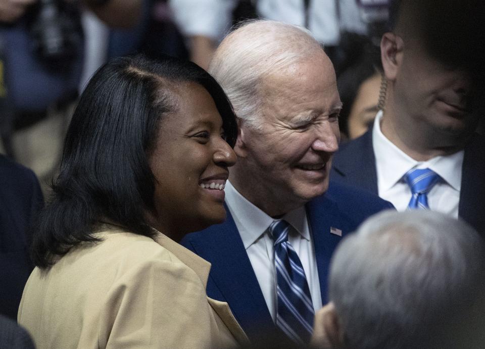State Rep. Sandra Hollins, D-Salt Lake, speaks with President Joe Biden after his speech on the one-year anniversary of passage of the PACT Act, the most significant expansion of benefits and services for toxic exposed veterans and survivors in over 30 years, at the George E. Wahlen Department of Veterans Affairs Medical Center in Salt Lake City on Thursday, Aug. 10, 2023. | Laura Seitz, Deseret News