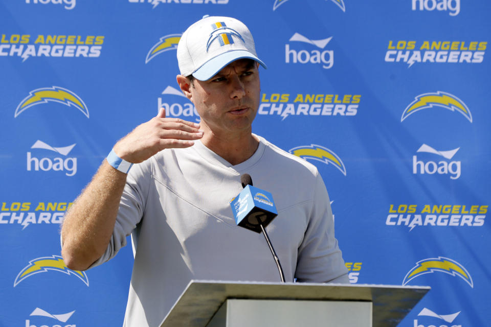 Los Angeles Chargers head coach Brandon Staley talks to the media after practice at the NFL football team's training camp in Costa Mesa, Calif., Wednesday, July 28, 2021. (AP Photo/Alex Gallardo)