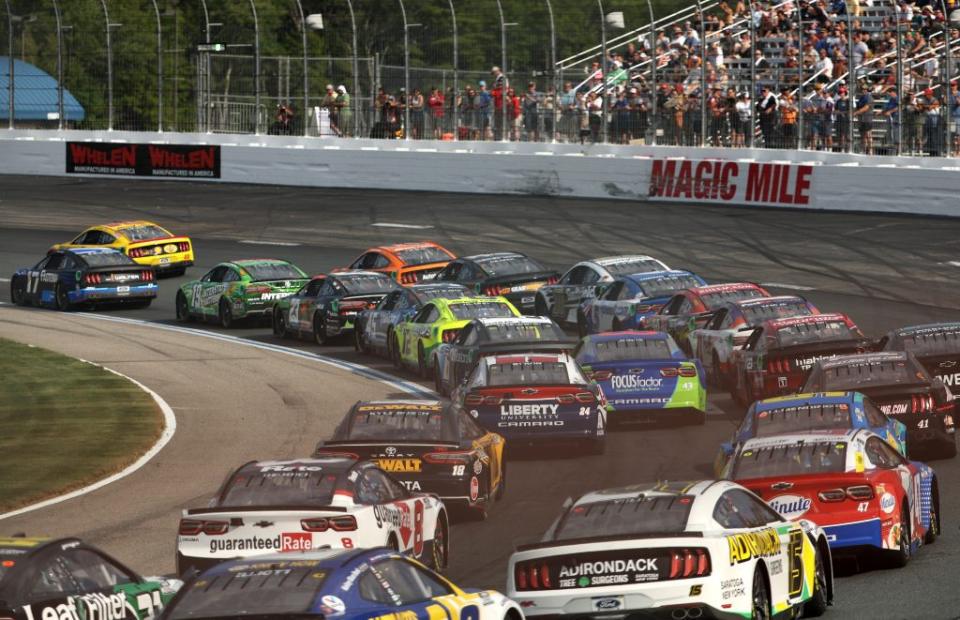 LOUDON, NEW HAMPSHIRE - JULY 17: A general view of racing during the NASCAR Cup Series Ambetter 301 at New Hampshire Motor Speedway on July 17, 2022 in Loudon, New Hampshire. (Photo by James Gilbert/Getty Images)