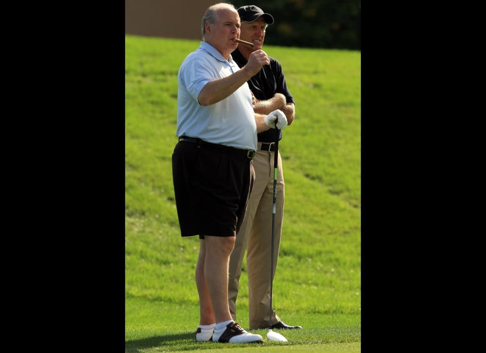 WEST PALM BEACH, FL - MARCH 12:  Rush Limbaugh of the USA the radio personality with Greg Norman of Australia during the Els for Autism Pro-am at The PGA National Golf Club on March 12, 2012 in West Palm Beach, Florida.  (Photo by David Cannon/Getty Images) 