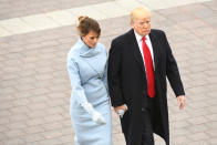 <p>President Donald Trump and Melania Trump walk back after escorting former President Barack Obama and Michelle Obama to Marine One during the presidential inauguration at the U.S. Capitol January 20, 2017 in Washington, DC. Donald Trump was sworn in as the 45th President of the United States. (Photo: Jack Gruber-Pool/Getty Images) </p>