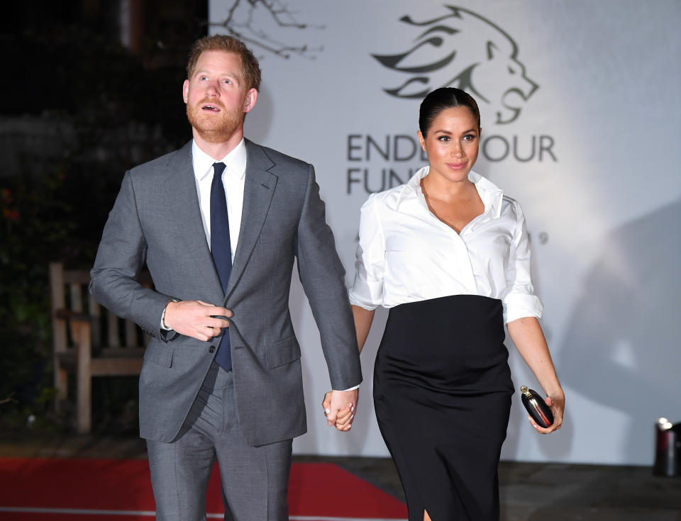 LONDON, ENGLAND - FEBRUARY 07:  Prince Harry, Duke of Sussex and Meghan, Duchess of Sussex attend the Endeavour Fund Awards at Drapers Hall on February 7, 2019 in London, England.  (Photo by Karwai Tang/WireImage)