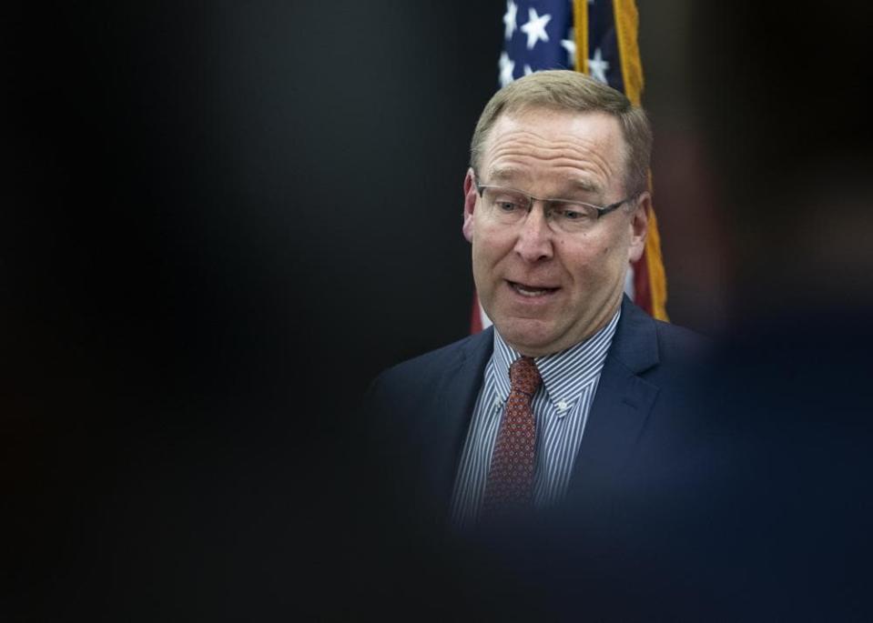 Kent County Prosecutor Chris Becker explains his decision to charge Grand Rapids police Officer Christopher Schurr with second-degree murder during a press conference at the Michigan State Police sixth district headquarters in Walker on Thursday, June 9, 2022. (Cory Morse/The Grand Rapids Press via AP)