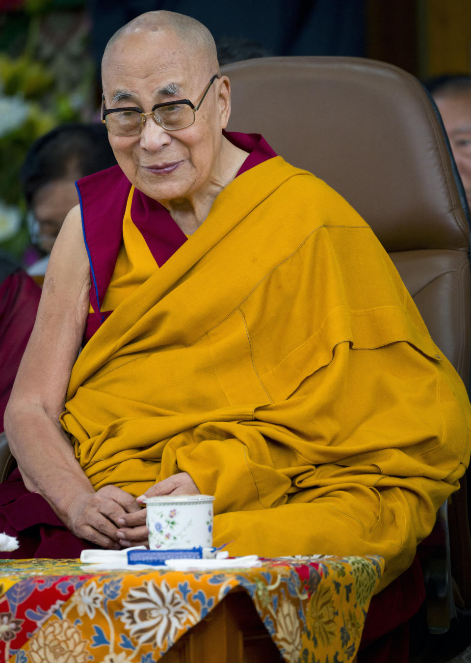 Tibetan spiritual leader the Dalai Lama presides over a function marking his 88th birthday at the Tsuglakhang temple in Dharamshala, India, Thursday, July 6, 2023. (AP Photo/Ashwini Bhatia)