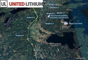 Bergby Lithium Project showing Exploration Permits, drilling area, and office/core facilities on Google Earth Satellite Image