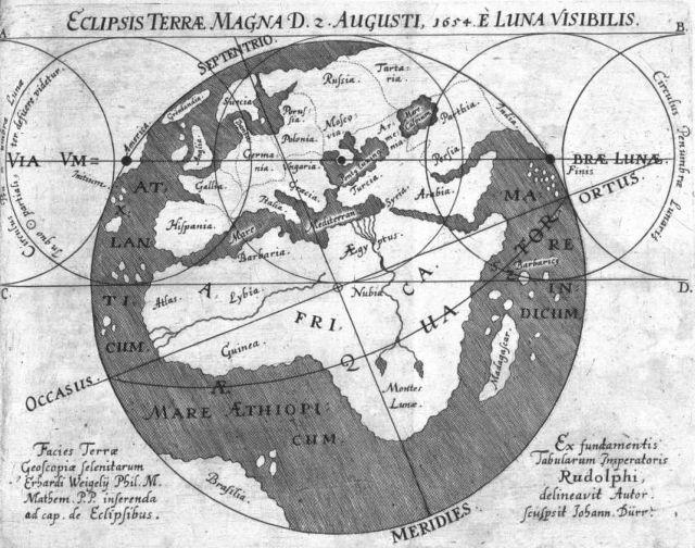 The first eclipse map of August 12, 1654 by Erhard Weigel in Germany.