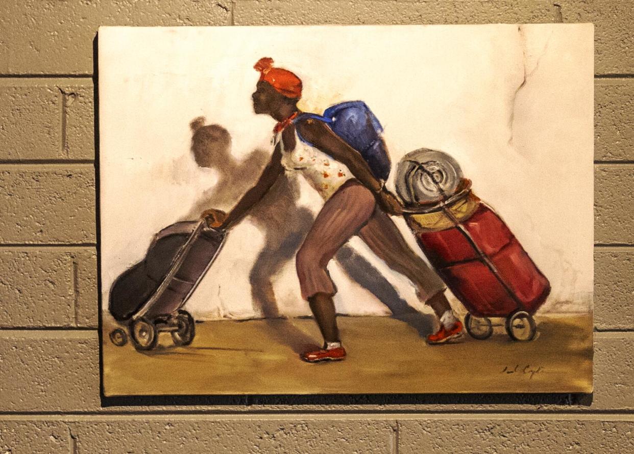 A painting of a woman pushing a cart of belongings and pulling another cart