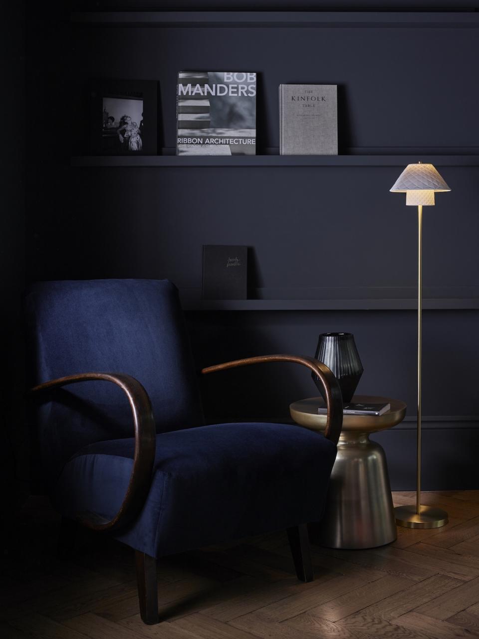 Dark blue living room with picture shelves