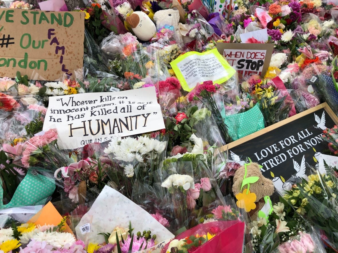 A memorial at the scene of the attack that left four members of the Afzaal family dead and one injured on June 6, 2021. The family was targeted for their Muslim faith. A London man was convicted last November of murder and attempted murder. His lawyers plan an appeal. (Greg Bruce/CBC - image credit)