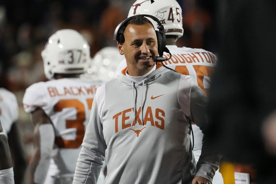 Texas head coach Steve Sarkisian had plenty of reasons to smile after the Longhorns beat Kansas State, making them bowl-eligible and jumping them squarely into the middle of the Big 12 race. The Longhorns are tied for second with three games to go.