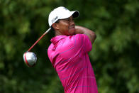 CARMEL, IN - SEPTEMBER 08: Tiger Woods watches his tee shot on the fifth hole during the third round of the BMW Championship at Crooked Stick Golf Club on September 8, 2012 in Carmel, Indiana. (Photo by Warren Little/Getty Images)