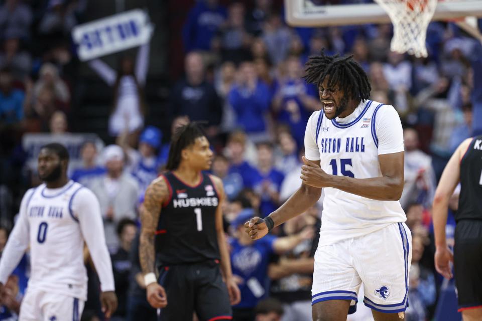 Dec 20, 2023; Newark, New Jersey, USA; Seton Hall Pirates center Jaden Bediako (15) reacts after a defensive stop during the second half against the Connecticut Huskies at Prudential Center. Mandatory Credit: Vincent Carchietta-USA TODAY Sports