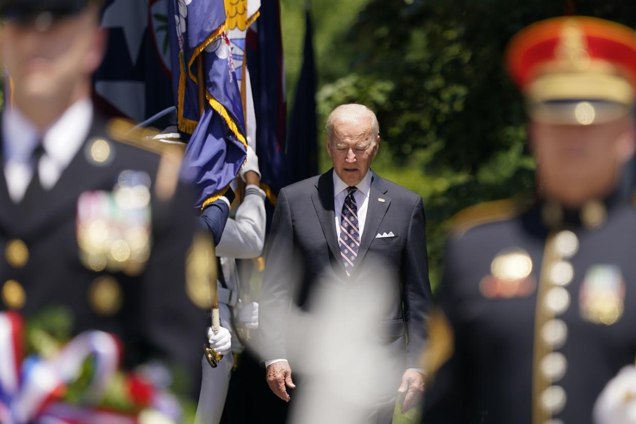 President Joe Biden arrives to lay a wreath at The Tomb of the Unknown Soldier at Arlington National Cemetery on Memorial Day, Monday, May 30, 2022, in Arlington, Va.