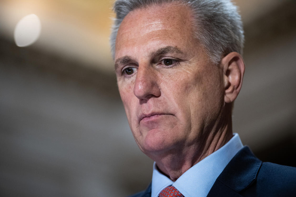 UNITED STATES - MAY 24: Speaker of the House Kevin McCarthy, R-Calif., talks with reporters about the debt ceiling negotiations in the U.S. Capitol's Statuary Hall on Wednesday, May 24, 2023. (Tom Williams/CQ-Roll Call, Inc via Getty Images)