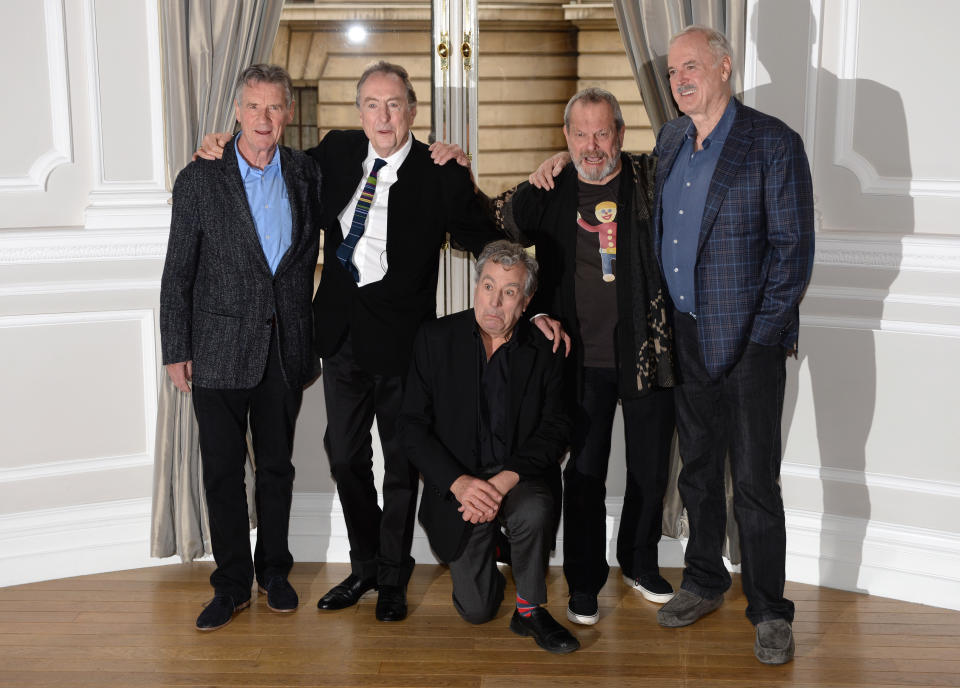 Michael Palin, Eric Idle, Terry Jones, Terry GIlliam and John Cleese attend a photocall to announce the new Monty Python reunion Stage Show , at the Corithia Hotel, London.

