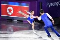 <p>North Korea’s Ryom Tae Ok and ju North Korea’s Kim Ju Sik perform during the figure skating gala event during the Pyeongchang 2018 Winter Olympic Games at the Gangneung Oval in Gangneung on February 25, 2018. / AFP PHOTO / Mladen ANTONOV (Photo credit should read MLADEN ANTONOV/AFP/Getty Images) </p>