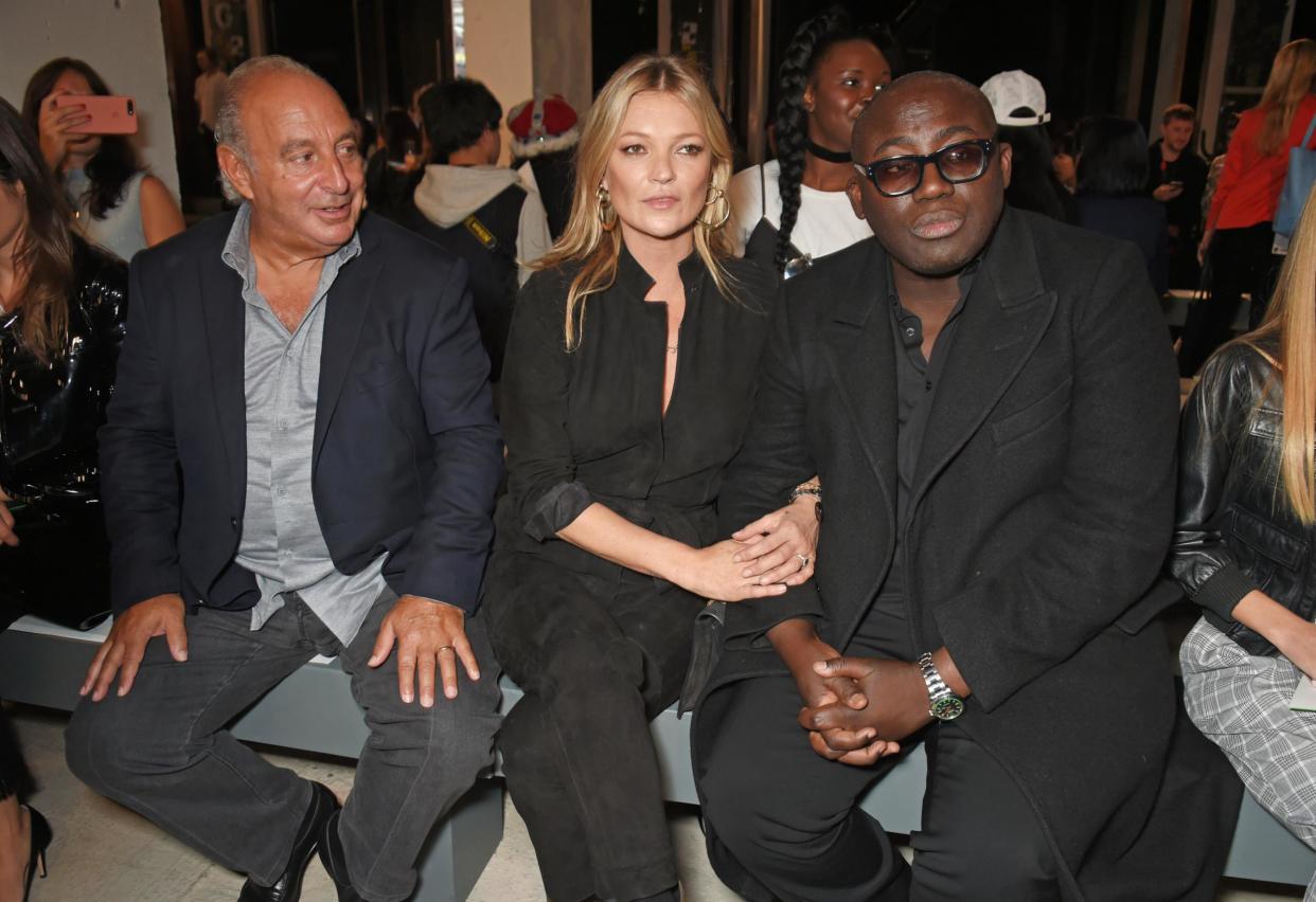 Sir Philip Green (left), model Kate Moss and Vogue editor Edward Enninful: Dave Benett/Getty Images for TOP