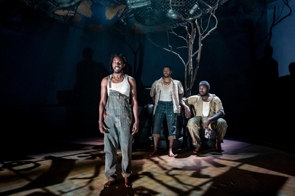 From left, Thaddeus S. Fitzpatrick, Ibraheem Farmer and Caleb Barnett appear in a scene from Oklahoma City Repertory Theater's Oklahoma premiere production of "The Brothers Size."