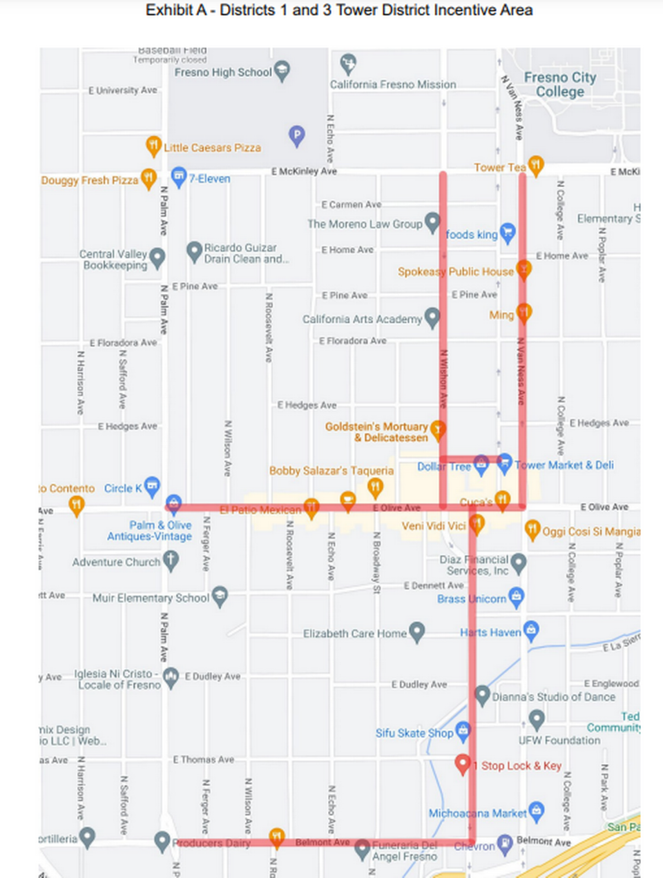 Screenshot of a Tower District area where local businesses can qualify for new fee waiver program approved by Fresno City Council on May 11, 2023.