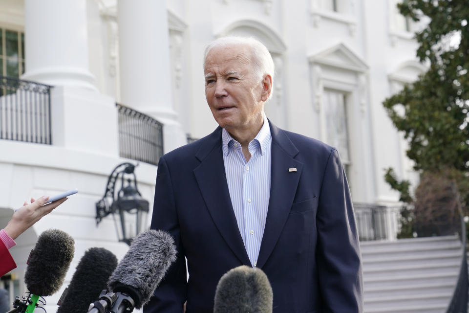 President Joe Biden talks with reporters on the South Lawn of the White House in Washington, Friday, March 31, 2023 before boarding Marine One. Biden is heading to Mississippi to survey damage from a recent tornado. (AP Photo/Susan Walsh)