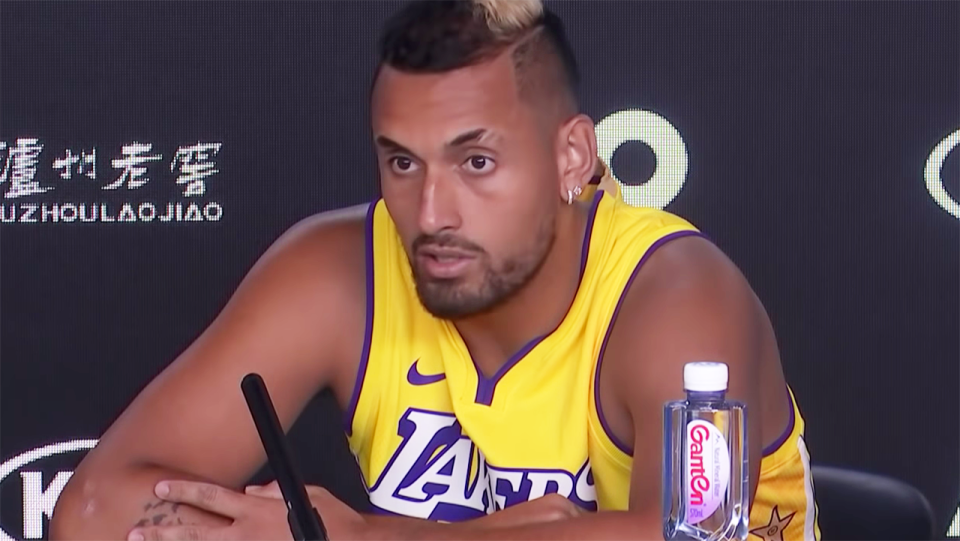 Nick Kyrgios, pictured here talking to the media after his win at the Australian Open.