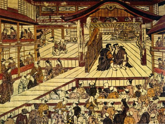 Woodblock print from the 18th century depics the traditional kabuki theatre (Rex)