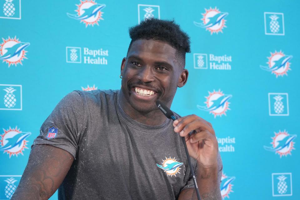 Miami Dolphins wide receiver Tyreek Hill at press conference Nov. 2, 2023, at the PSD Bank Arena in Frankfurt, Germany.