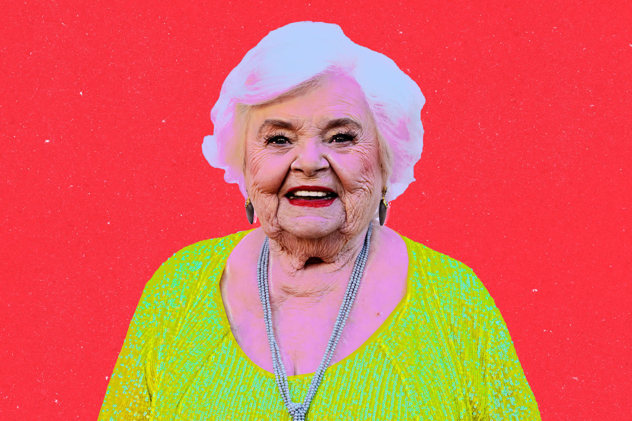 A photo illustration of June Squibb against a red background.