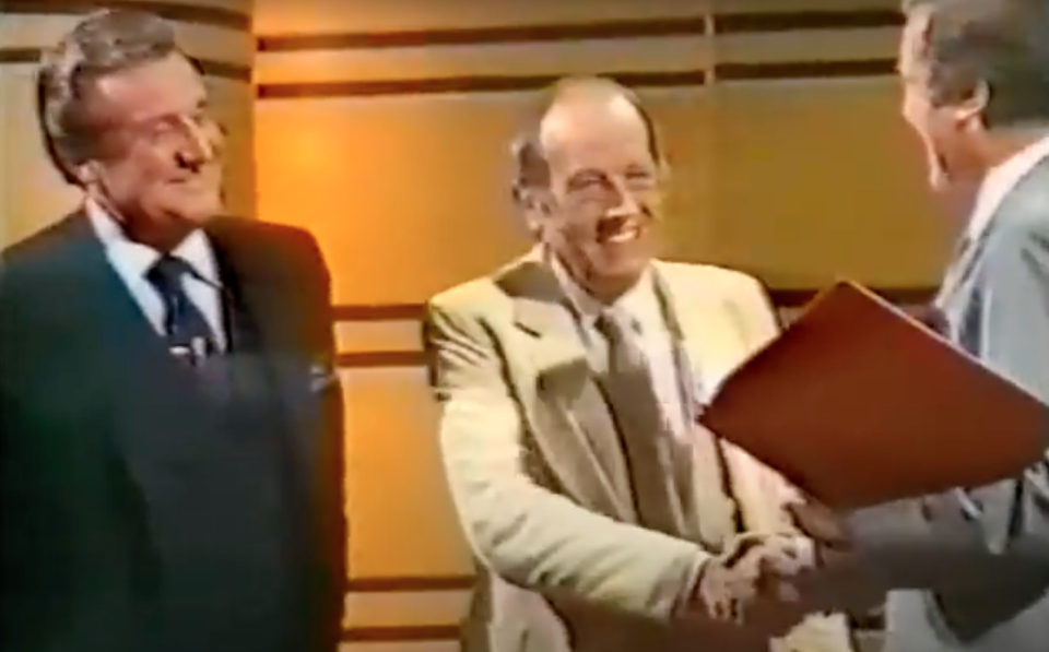 Patrick Macnee and Ian Hendry reunited on This Is Your Life in 1984. (Screenshot from Thames Television)