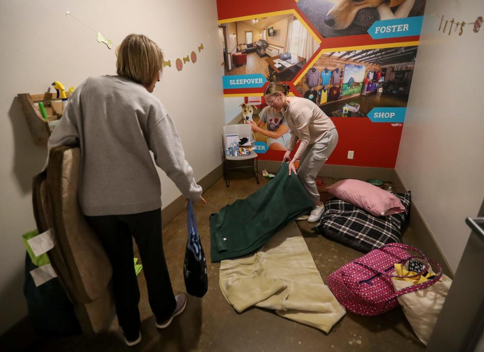 Sophie Kiefer, right, and her mother, Chris Sikowski, were among a dozen animal lovers who spent the night sleeping alongside cats and dogs at Happily Ever After Animal Sanctuary's Green Bay Adoption Center on April 6. Their roomies for the night were dogs Milo and Tippy.