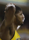 Indiana Pacers' Paul George reacts after being called for a foul during the first half in Game 1 of an opening-round NBA basketball playoff series against the Atlanta Hawks, Saturday, April 19, 2014, in Indianapolis. (AP Photo/Darron Cummings)