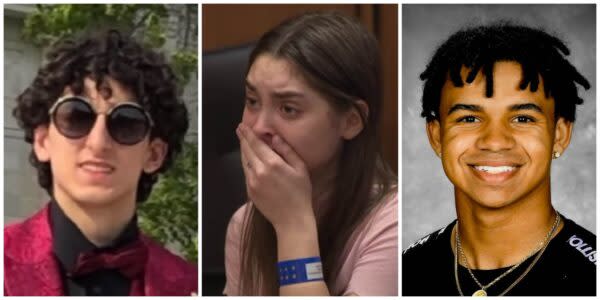 Mackenzie Shirilla (center) was convicted of the murders of her boyfriend Dominic Russo (left) and boyfriend Davion Flanagan (right) after she deliberately crashed her car into a brick warehouse after traveling at 100 mph.  (Photos left and center: YouTube/WKYC Channel 3, photo right: Jardine Funeral Home)