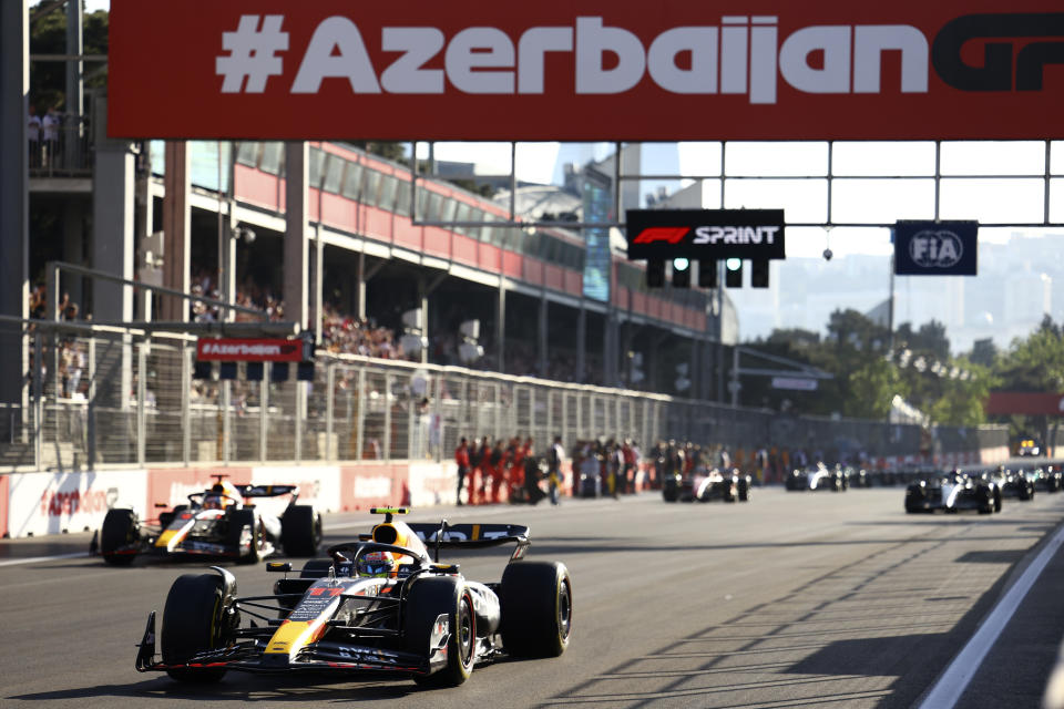 Red Bull driver Sergio Perez of Mexico steers his car during the sprint race at the Baku circuit in Baku, Azerbaijan, Saturday, April 29, 2023. The Formula One Grand Prix will be held on Sunday April 30, 2023. (Lisi Niesner/Pool via AP)