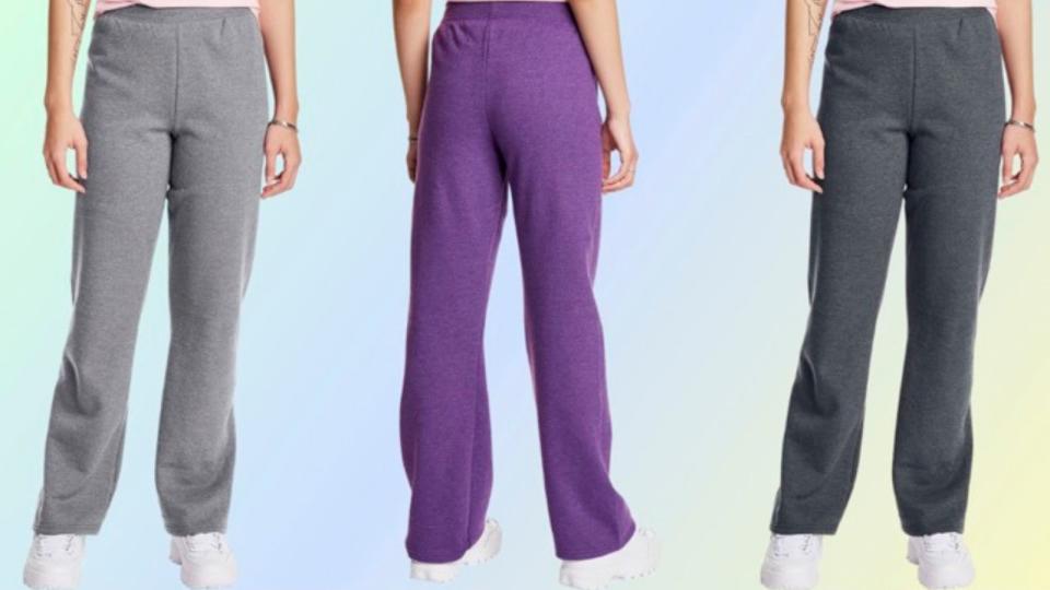 Hanes sweatpants in light gray, purple, and dark gray