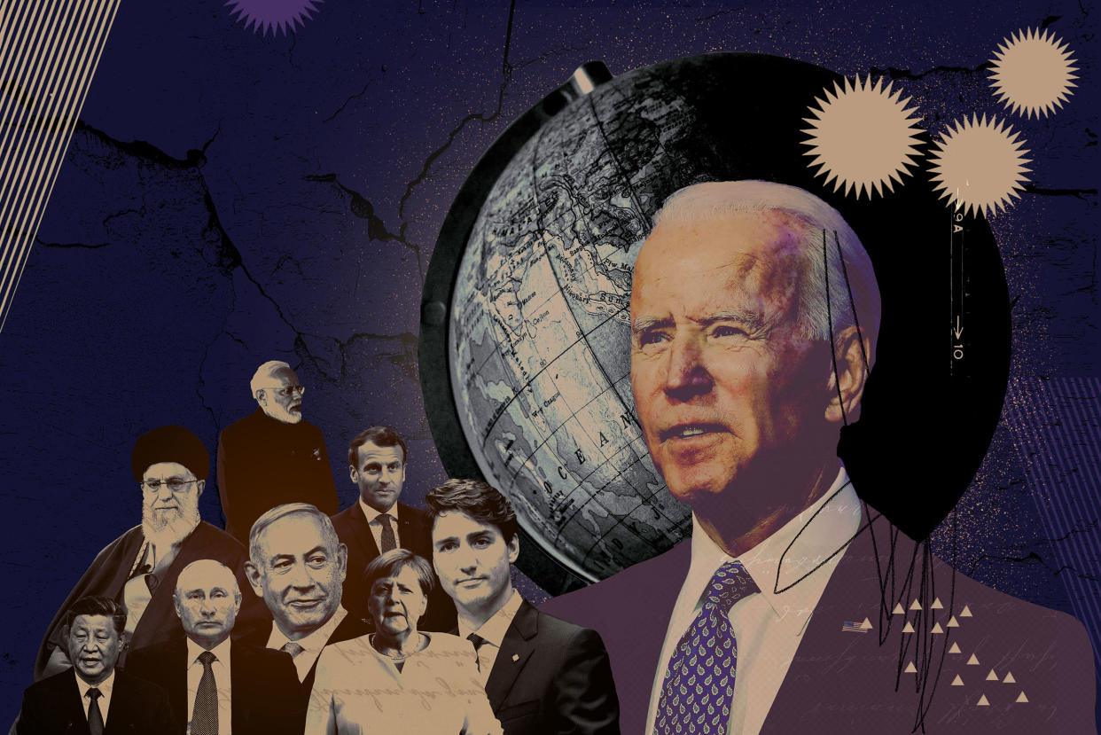 An photo-illustration depicting Joe Biden and multiple world leaders