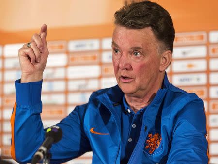 The Netherlands coach Louis van Gaal reacts during a news conference in Hoenderloo May 13, 2014. REUTERS/Michael Kooren