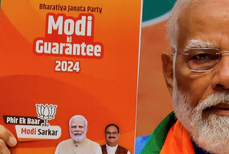 Indian PM Modi presents BJP election manifesto, in New Delhi