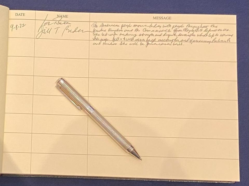 President Joe Biden's handwritten message in a condolence book for Queen Elizabeth at the British Embassy in Washington, DC